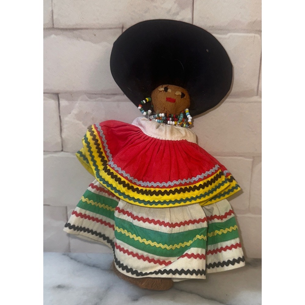 Vintage Seminole Folk Art Coconut Head Doll Traditional Patchwork Dress 8.5"